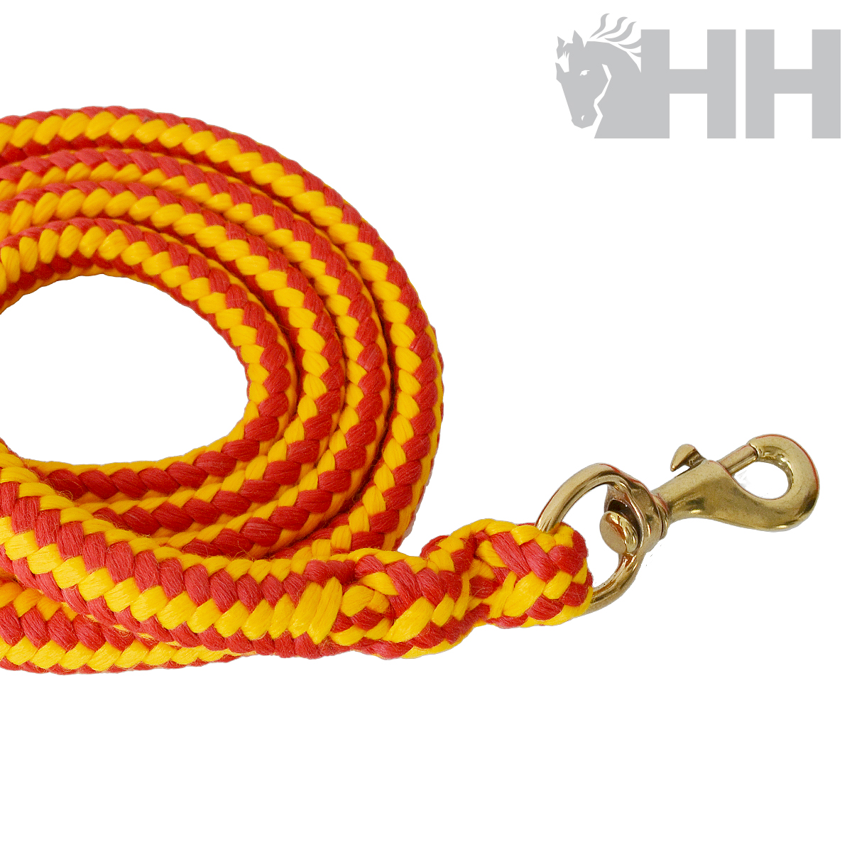 Trela trançada vermelho e amarelo com mosquetão dourado e logótipo HH