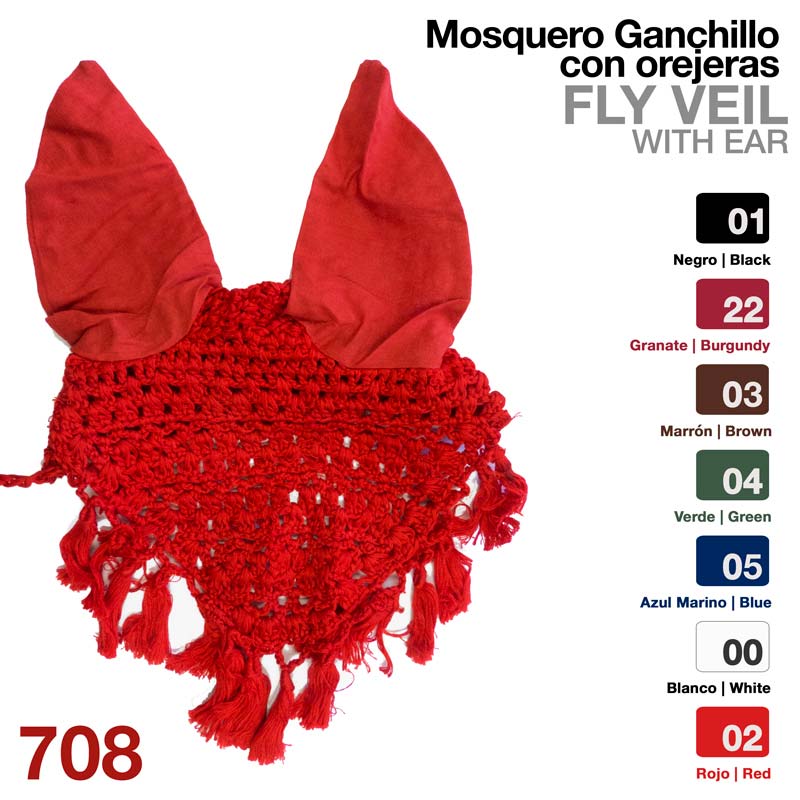 Mosquero Ganchillo vermelho com orejeras de crochê e tecido vermelho.