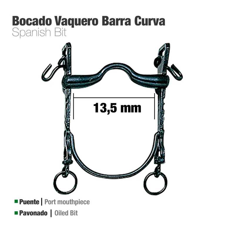 Bocado Vaquero Barra Curva de metal preto com 13,5 mm, peças e texto descritivo em fundo branco