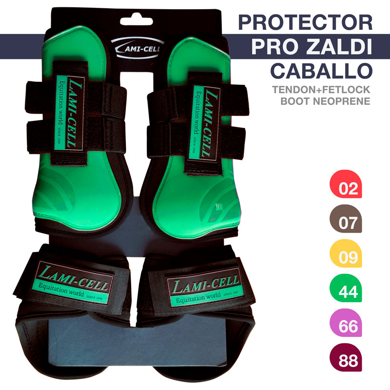 Protetores verdes para cavalos em neopreno com tiras pretas e texto LAMI-CELL em embalagem preta