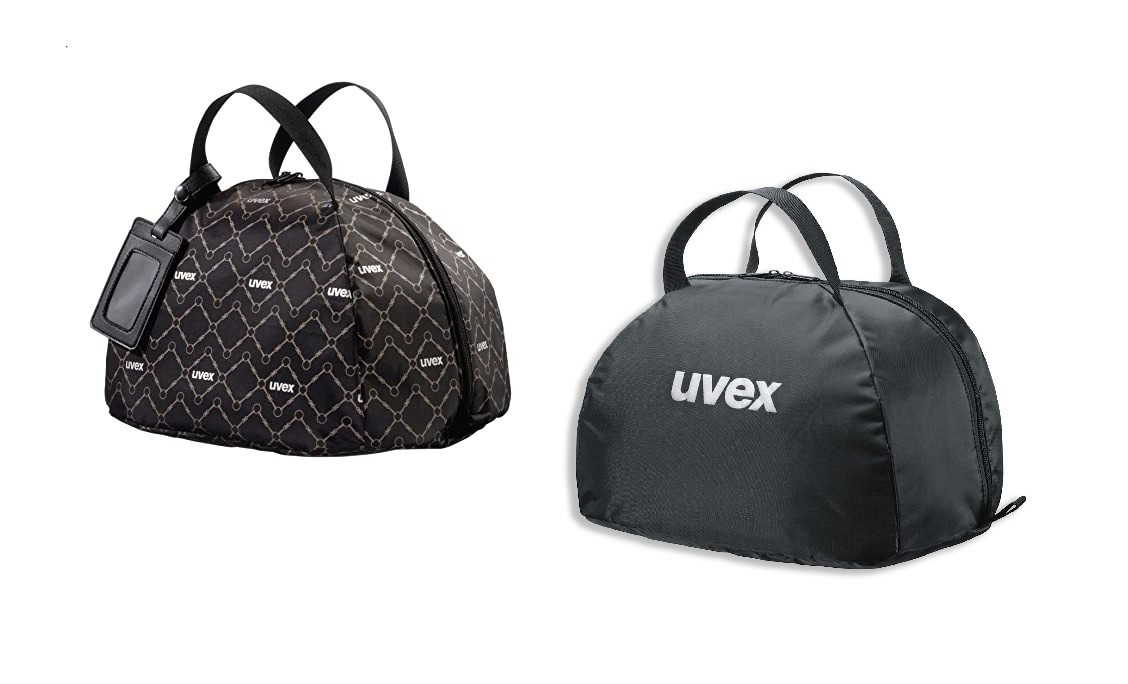 Duas capas de capacete UVEX com alças, uma preta com padrão geométrico e outra preta lisa