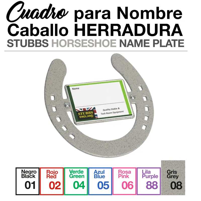 Ferradura cinza com placa para nome e legenda de cores