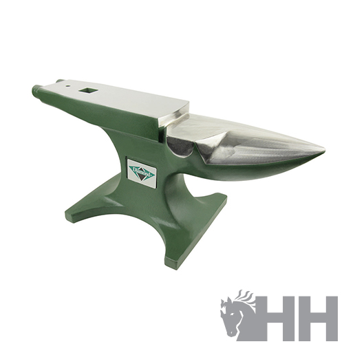 Bigorna de trabalho em metal com base verde e superfície superior em aço polido