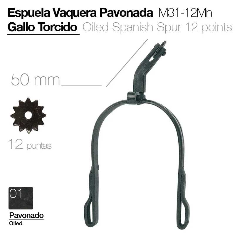 Espuela vaquera pavonada preta com espora de 12 pontas e detalhes em texto.