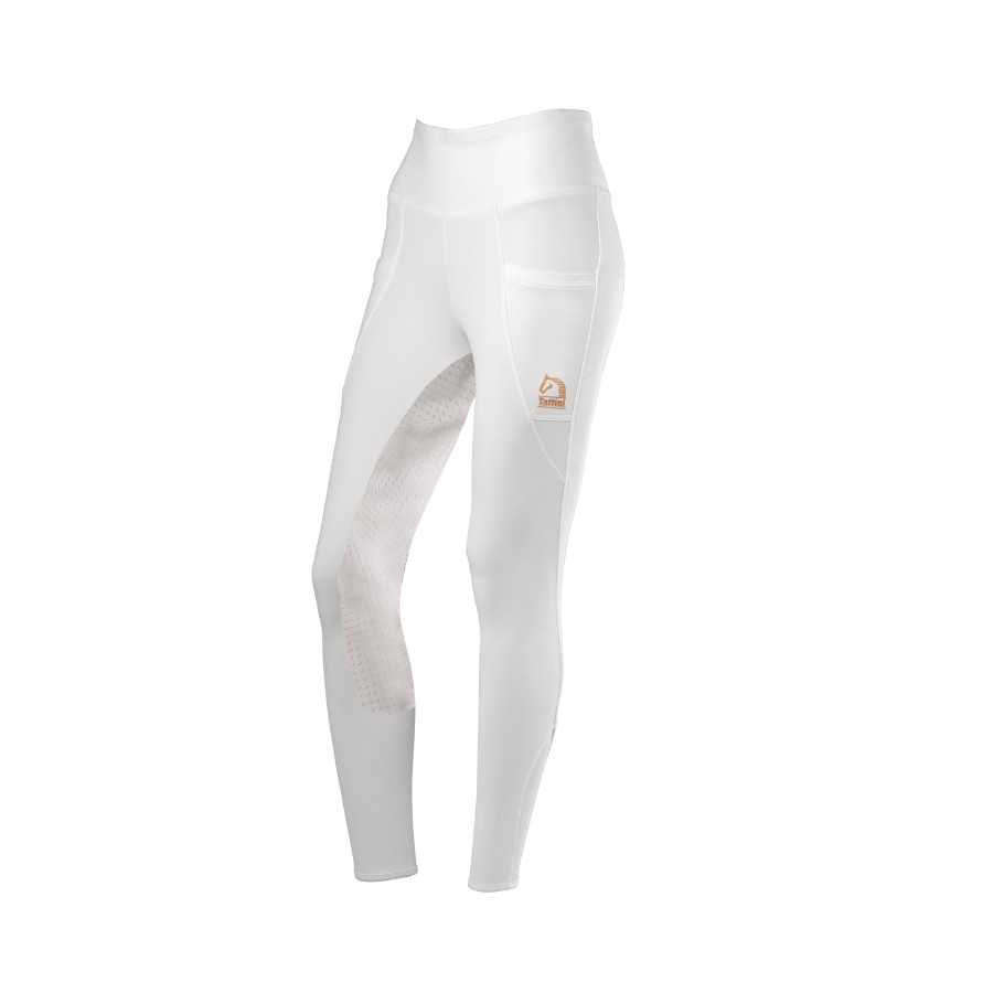 Leggings desportivas brancas com bolso e painel antiderrapante bege.