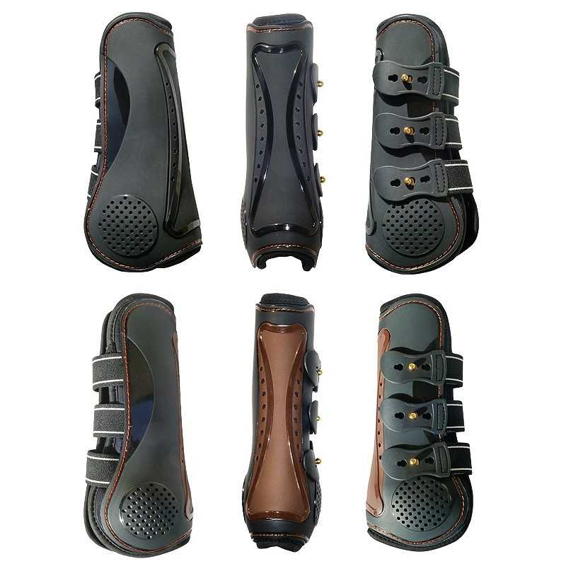 Conjunto de proteções para equitação preto e castanho com fechos de velcro