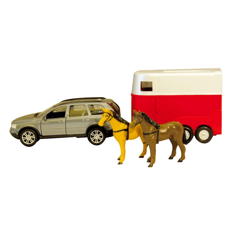 Brinquedos de carro cinzento, reboque vermelho e branco e cavalos amarelo e castanho
