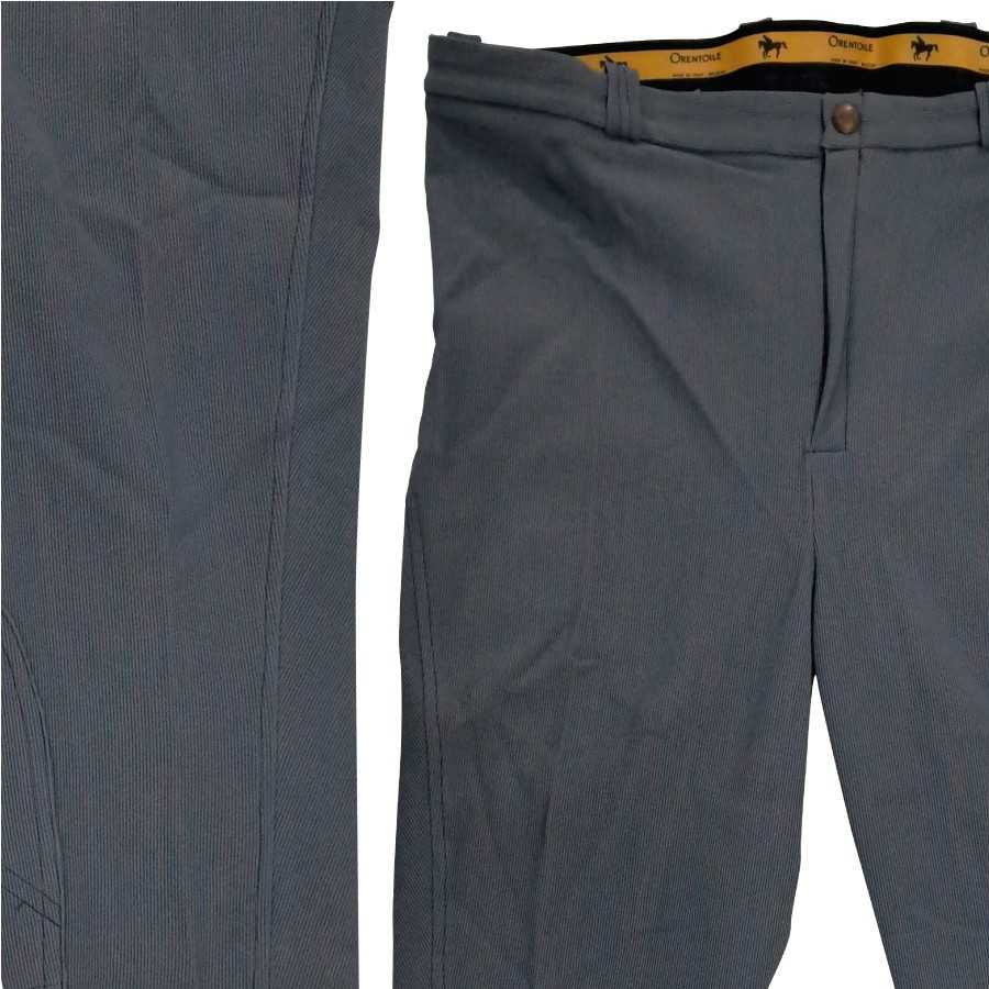Calças cinzentas com cós amarelo e botão metálico