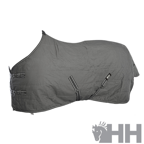 Cobertura cinza escuro para cavalo com fechos e tiras ajustáveis sobre fundo branco