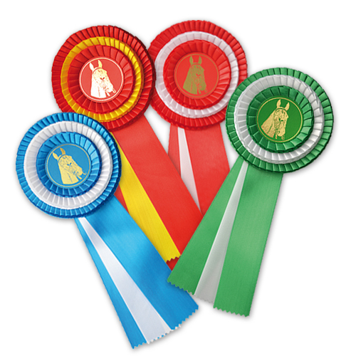 Rosetas coloridas com fitas longas e figura de cavalo