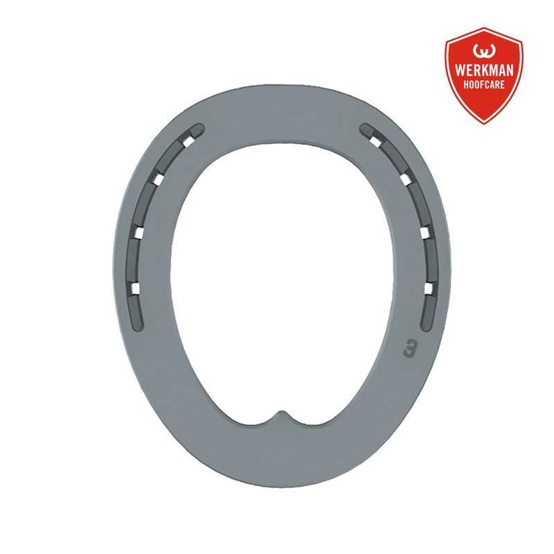 Ferradura metálica cinzenta com número 3 visível e logótipo WERKMAN HOOFCARE vermelho