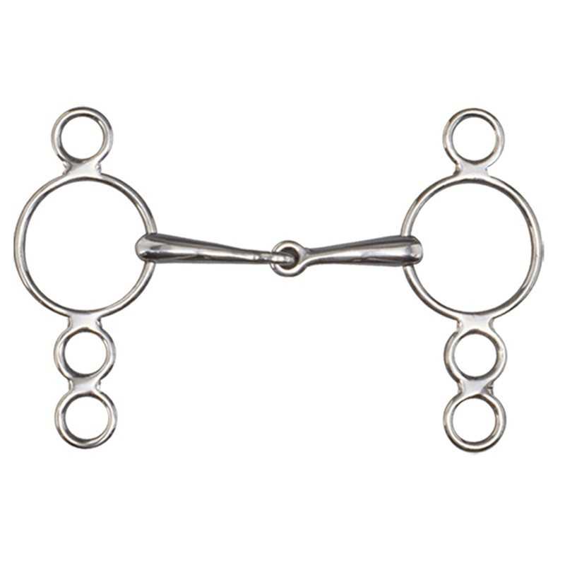 Freio de cavalo metálico prateado com anéis circulares