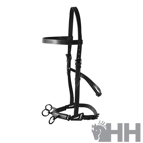 Bridão de cavalo em pele preta com argolas metálicas pretas