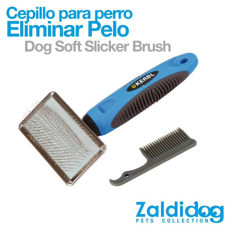 Escova para cão azul e preta com pente cinzento e texto em fundo branco