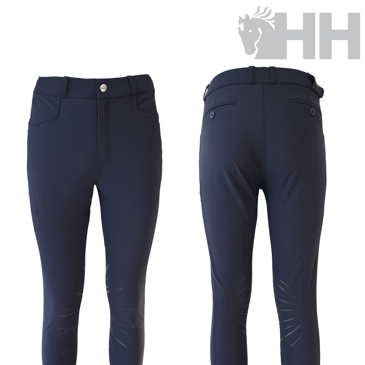 Calças de montar azuis escuras vistas da frente e de trás com detalhes de botões e bolsos