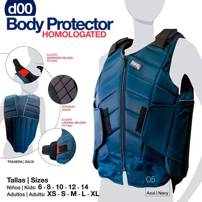 Colete protetor corporal azul acolchoado com fechos de velcro e fecho de correr