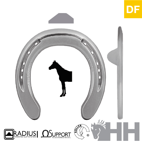 Ferradura metálica cinzenta com impressão preta de cavalo