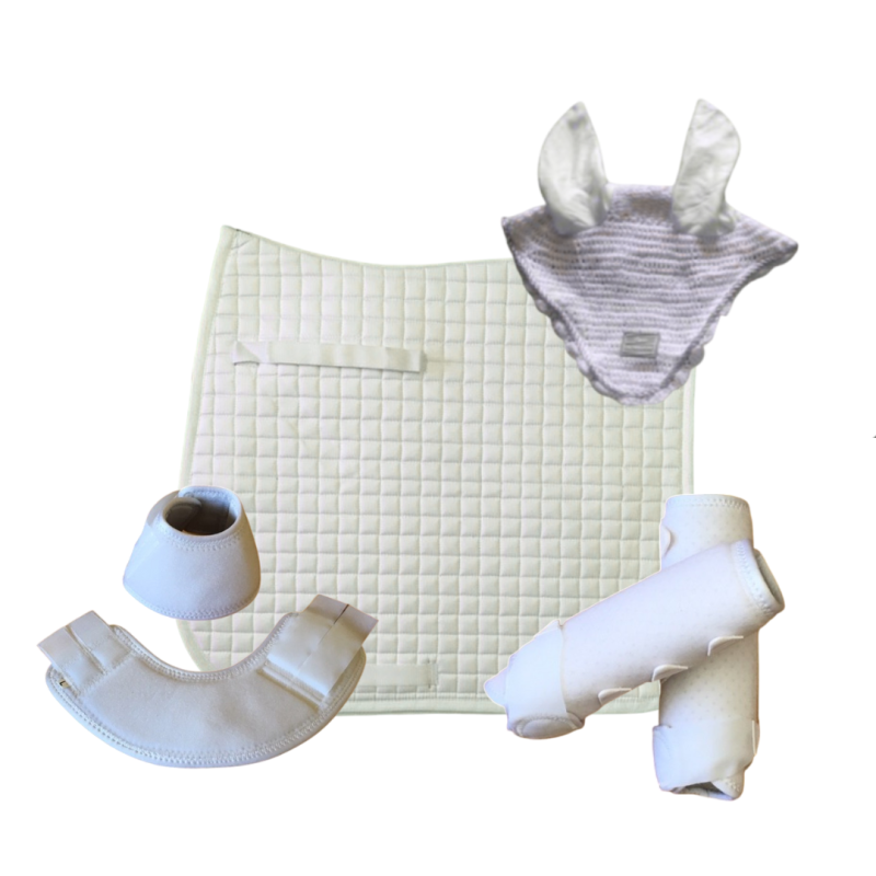 Conjunto de proteções e manta acolchoada para equitação em branco creme e lilás