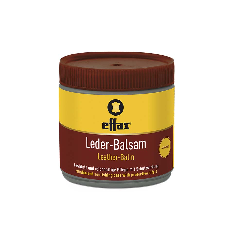 Frasco de bálsamo para couro Effax com tampa castanha e etiqueta amarela e castanha.