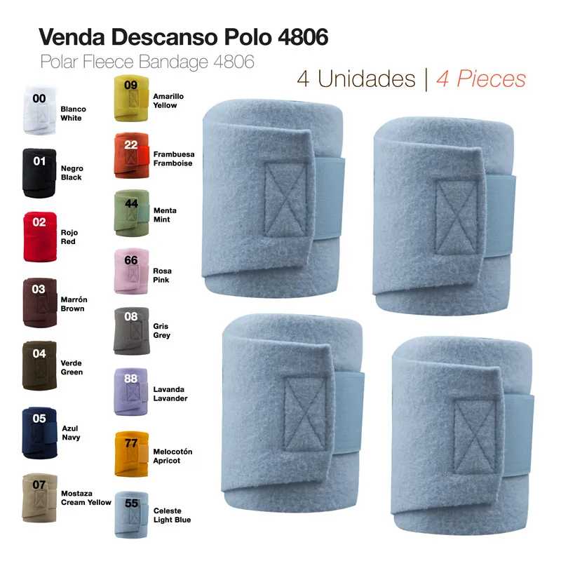Quatro vendas de descanso azuis claras feitas de polar fleece com fecho de velcro, tabela colorida de opções ao lado