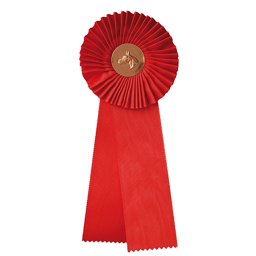 Fita de prémio vermelha com medalha de cavalo em centro circular