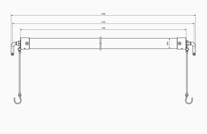 Desenho técnico de dispositivo mecânico com ganchos e medidas em milímetros