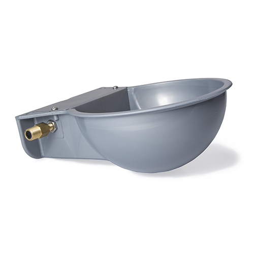 Taça cinzenta para bebedouro de animais com entrada de água metálica