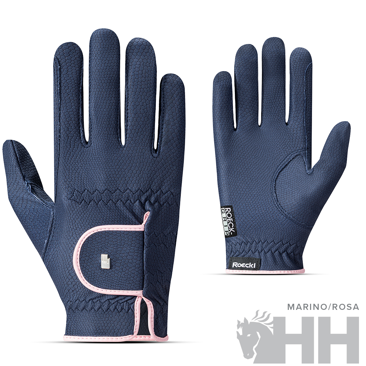 Luvas azuis marinho com pormenores rosa e etiquetas com texto ROECKL GRIP