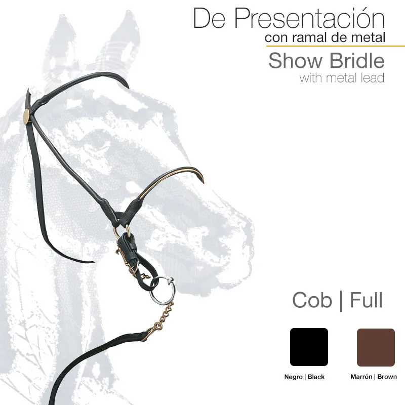 Cabresto de apresentação para cavalo, preto e castanho, com ramal de metal.