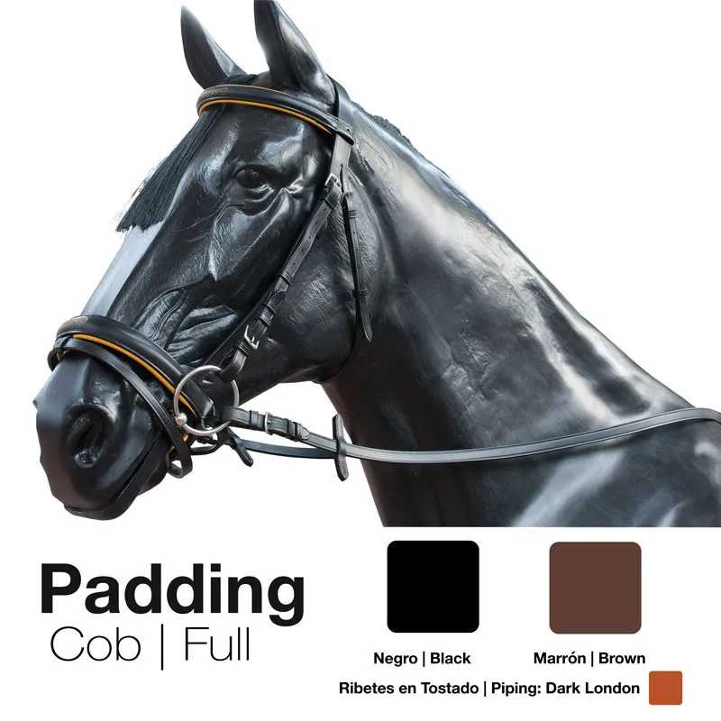 Cabeça de cavalo preto com cabresto e rédea em couro preto e castanho, fundo branco com amostras de cor e texto