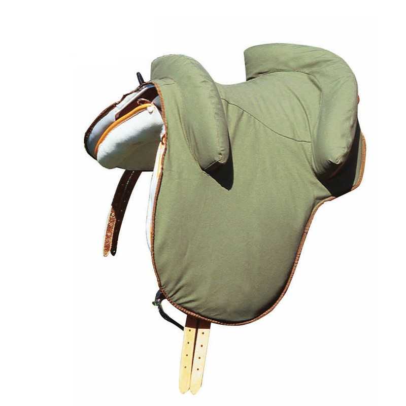 Selim de cavalo verde com tiras bege e detalhes em couro castanho