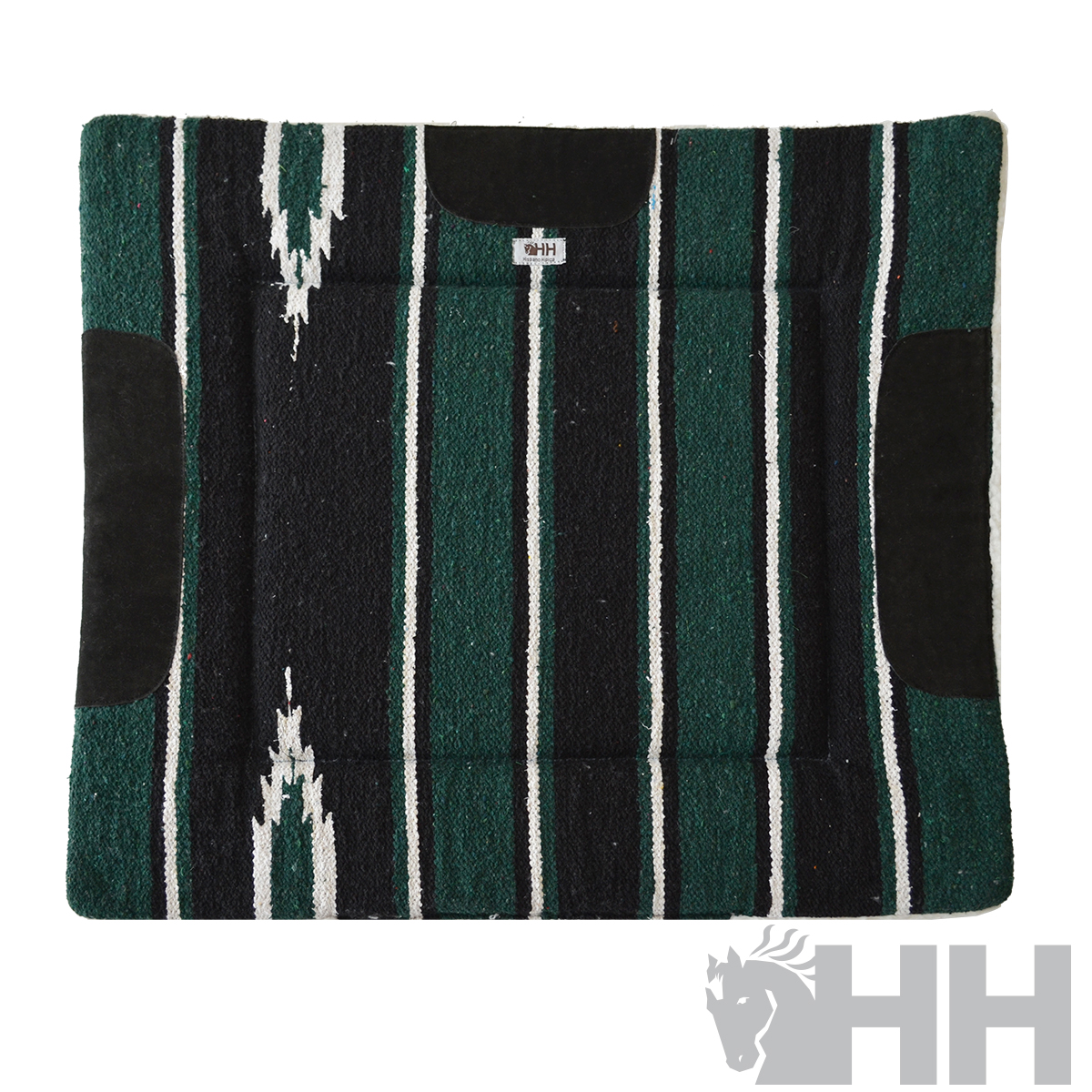 Poncho tecido riscas verticais verde preto branco com aplicações negras e etiqueta HH