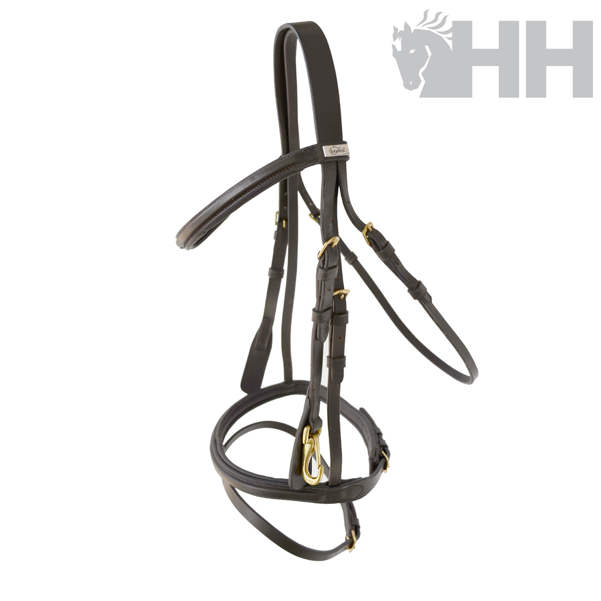 Cabresto de couro castanho escuro com fivelas douradas e etiqueta Helly Hansen.