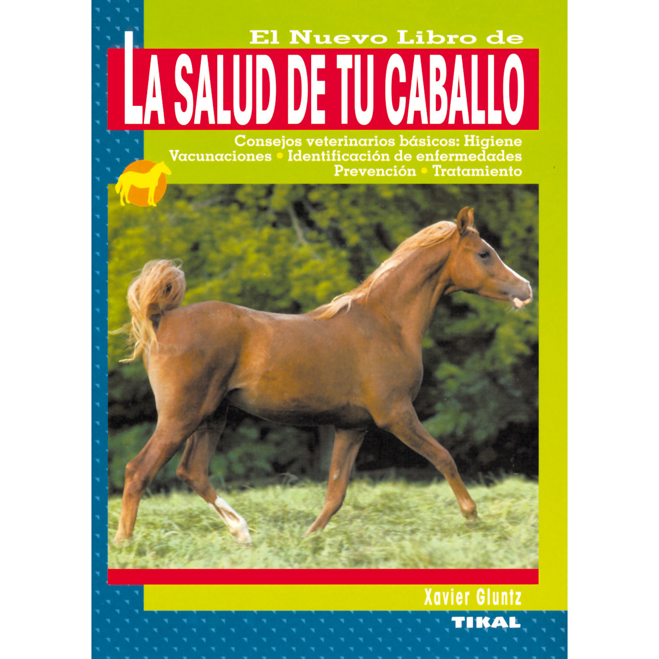 Capa de livro sobre saúde do cavalo com imagem de um cavalo castanho claro no campo