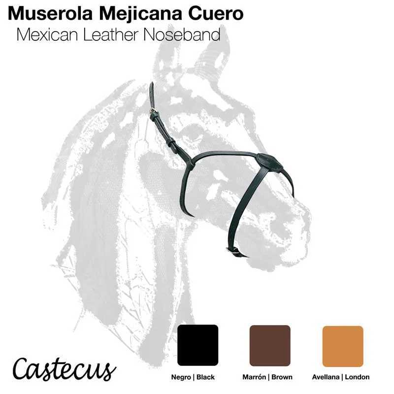 Muserola mejicana em couro preto desenhada num fundo com silhueta de cavalo cinza