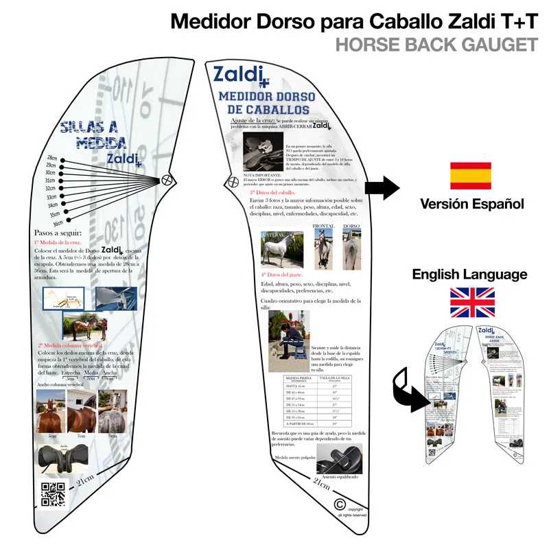Medidor dorsos para cavalos Zaldi com instruções em espanhol e inglês