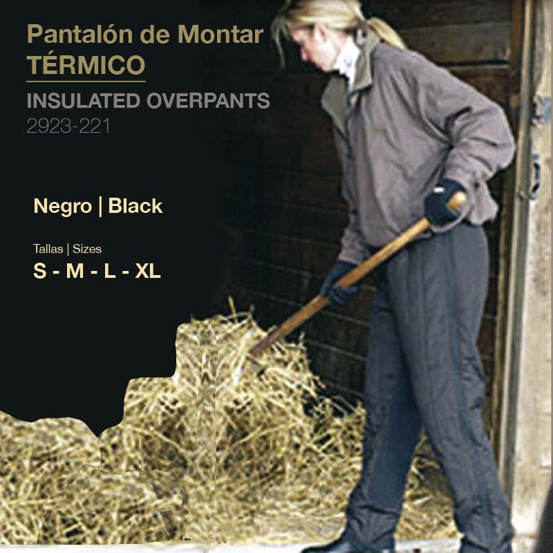 Pantalón de Montar térmico preto para montar, texto promocional e pessoa a manusear palha.