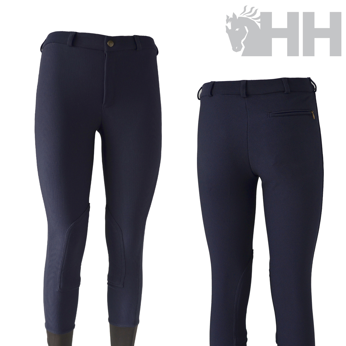 Calças de equitação azuis escuras com bolsos traseiros e reforço nos joelhos