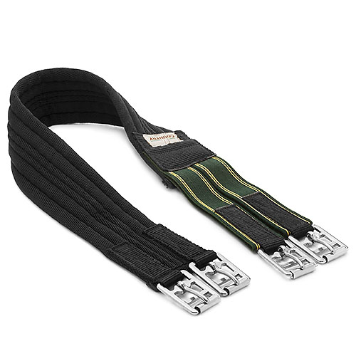 Cincha de equitação preta e verde com fivelas metálicas