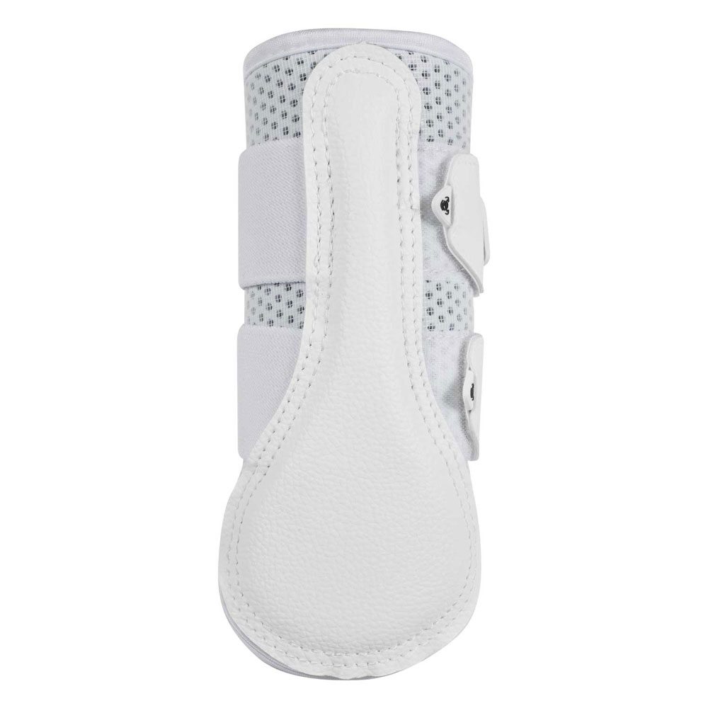 Protetor branco para perna de cavalo com fechos de velcro.