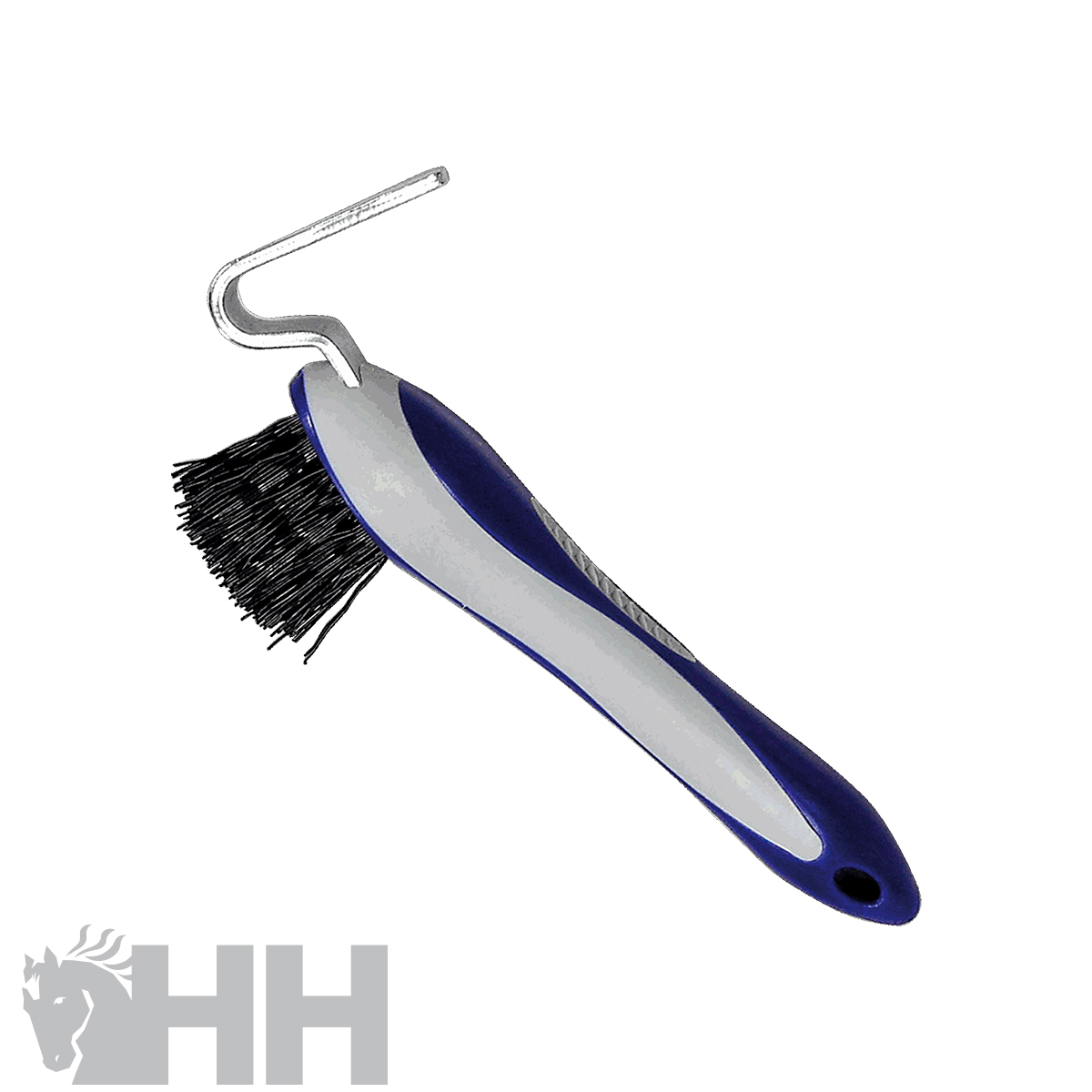 Escova de limpeza para ferraduras com cabo azul e cinzento e lâmina metálica curva