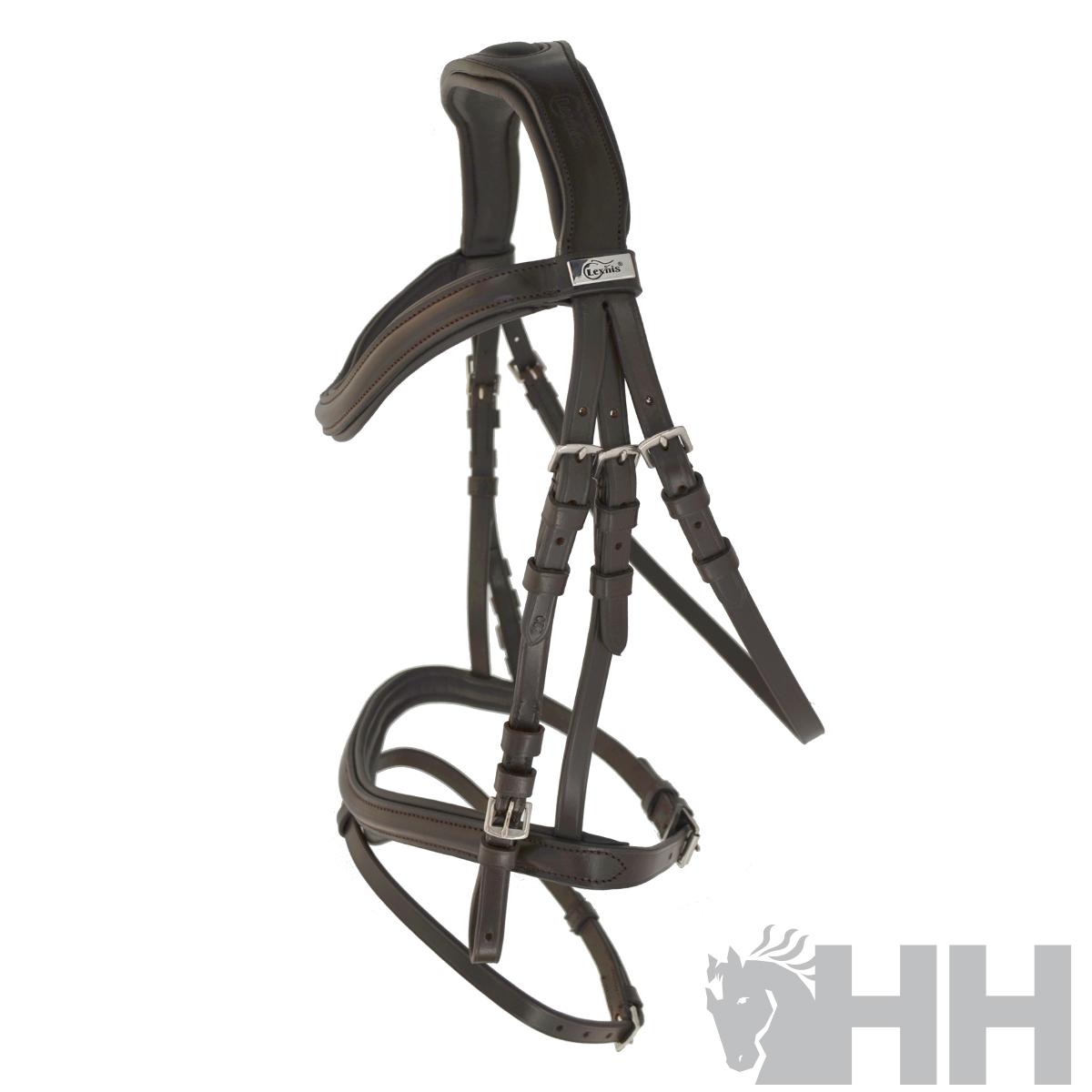 Freio de cavalo em couro castanho escuro com acolchoamento preto e fivelas prateadas