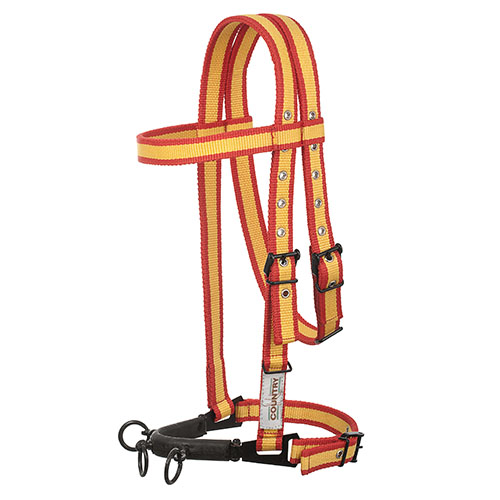Cabresto para cavalo amarelo e vermelho com fivelas pretas e argolas metálicas