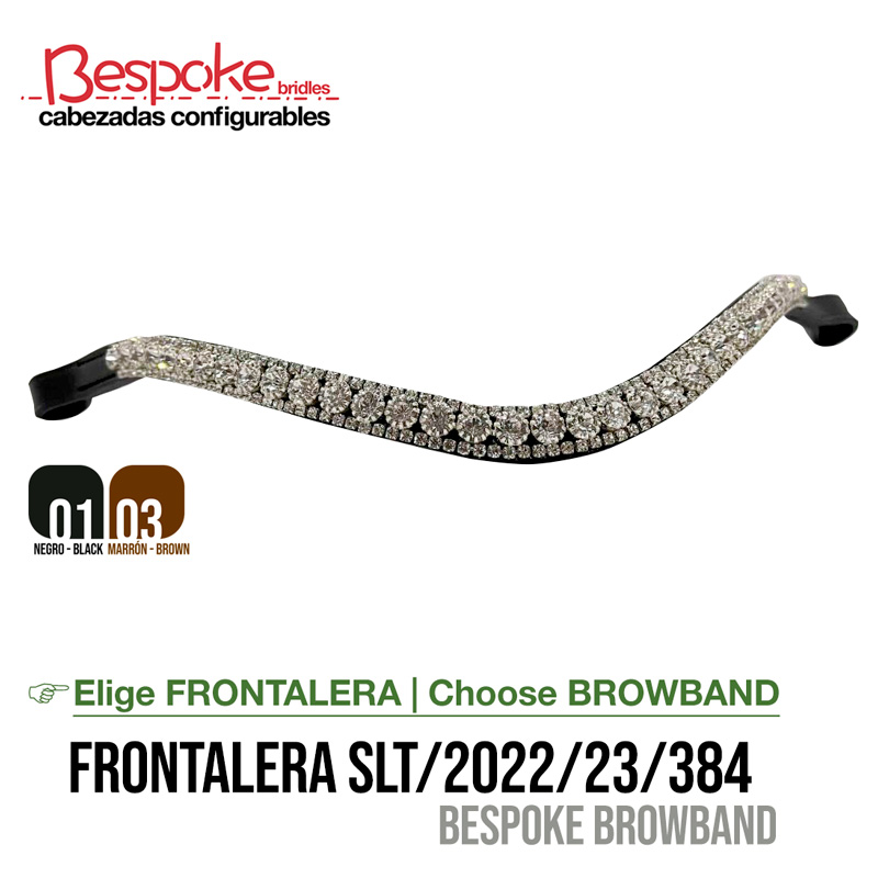 Frontalera preta com pedrarias brilhantes para brida, com texto e indicações de cores