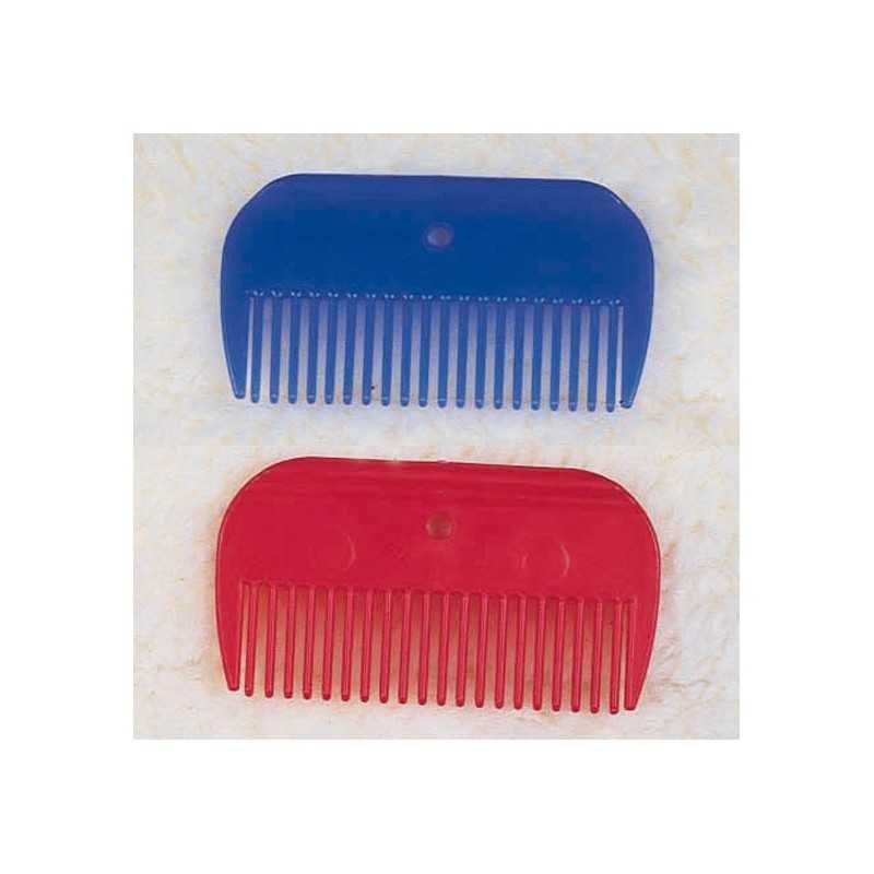 Dois pentes plásticos, azul e vermelho, com dentes largos sobre fundo branco.