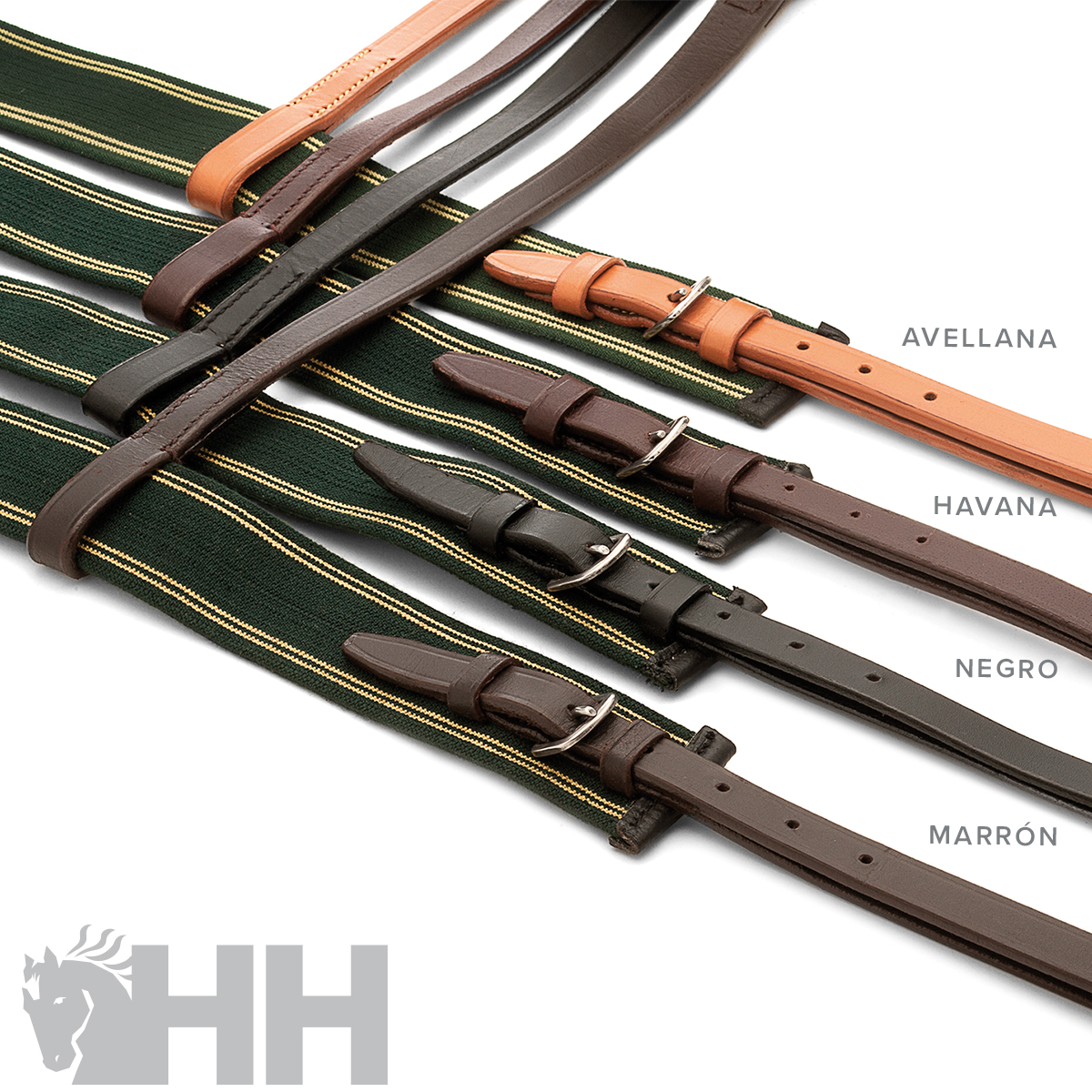 Cinco cintos com listras verdes e bege e extremidades em couro colorido