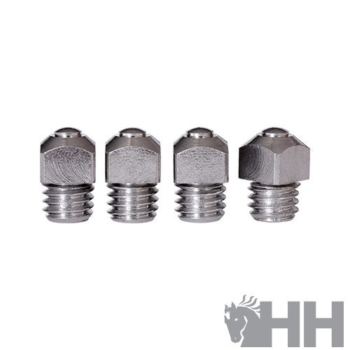 Quatro parafusos metálicos prateados com cabeça hexagonal