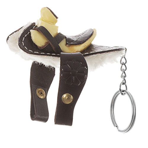 Porta-chaves em formato de sela com cavalo e correias de pele castanha com rebites