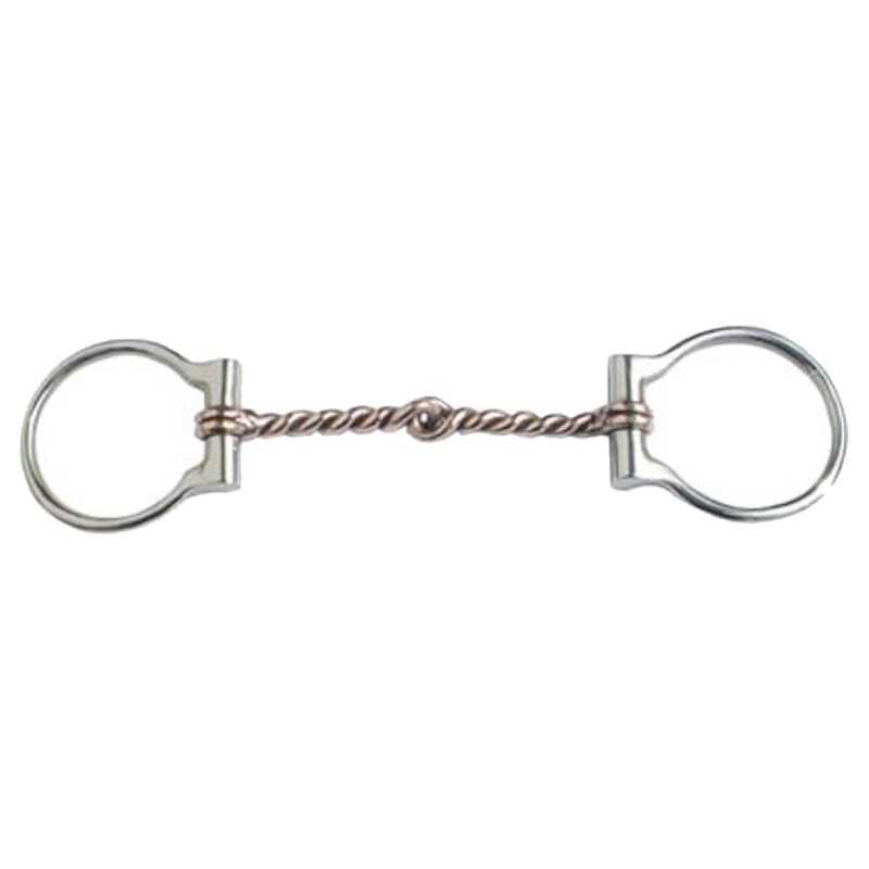 Freio metálico para cavalo com argolas prateadas e barra torcida dourada