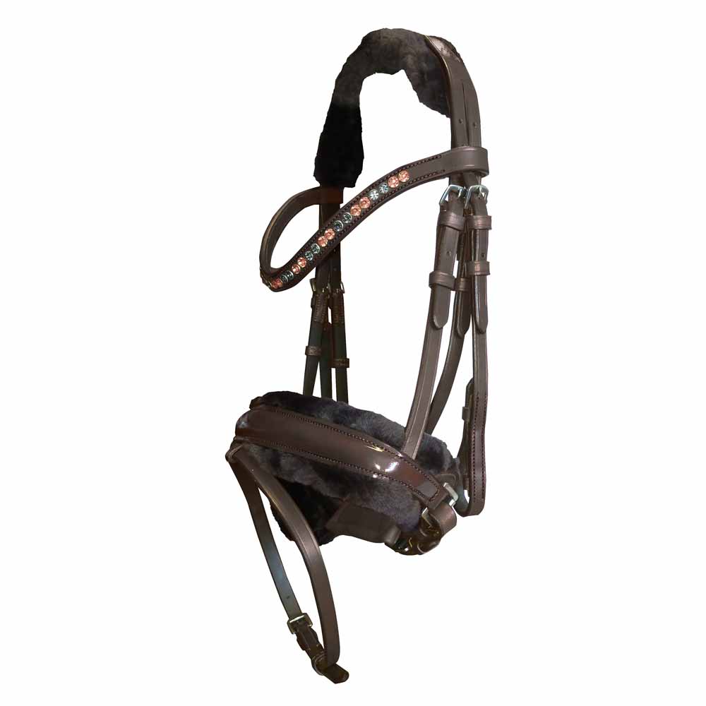 Cabeçada de cavalo em couro castanho com decoração colorida e forro preto